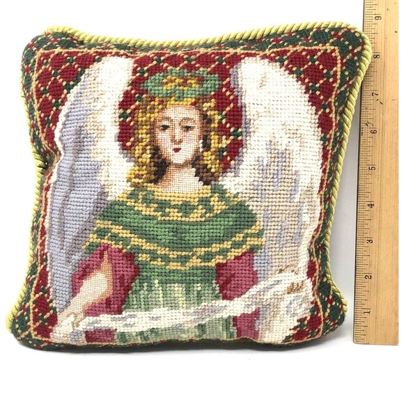 Handmade Wool Needlepoint Pillow 9” Vintage Victorian Angel Green Velvet Back - Picture 8 of 12